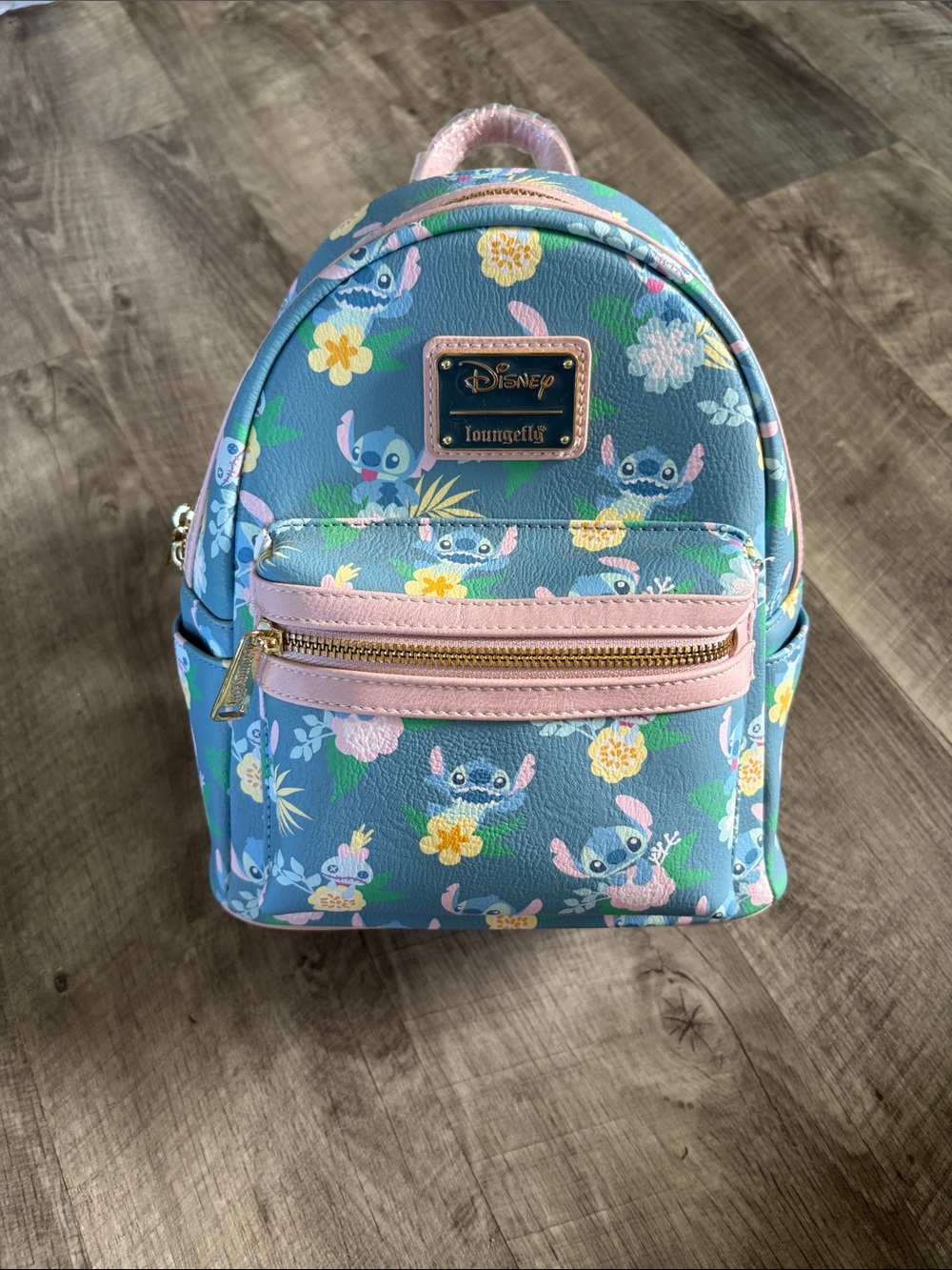 Loungefly Blue Floral Stitch Mini Backpack with Pink Accents